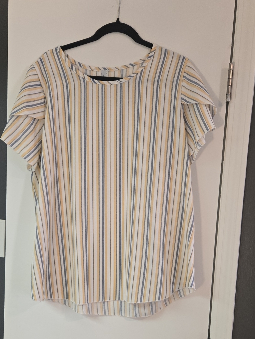 Acting Pro Vertical Stripe Short-Sleeve Blouse in Blue and Yellow